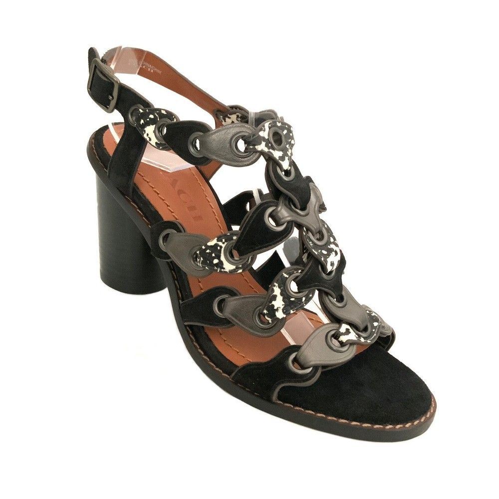 Coach All Leather Mid Heel Open-toe Sandals Black 5